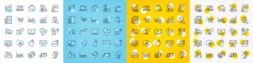 Vector icons set of Cut tax, Euler diagram and Salary line icons pack for web with Operational excellence, Graph chart, Usd currency outline icon. Auction, Graph laptop, Loan house pictogram. Vector