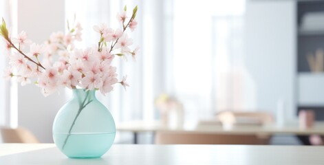 pink flowers in vase on desk of office - obrazy, fototapety, plakaty