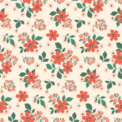 Seamless floral pattern, romantic liberty ditsy print. Cute botanical design in spring motif: pretty small hand drawn plants, red flowers, leaves, mini bouquets on light pink. Vector flower pattern.