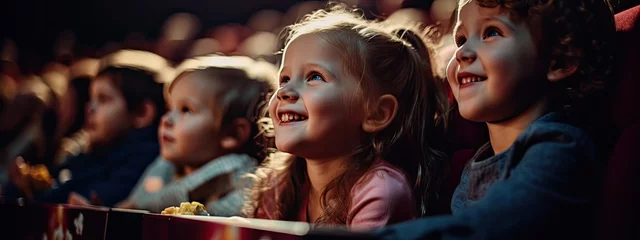 Foto op Plexiglas uśmiechnięte dzieci siedzące w kinie na fotelach z wielkimi uśmiechami i wielką radością © Bear Boy 