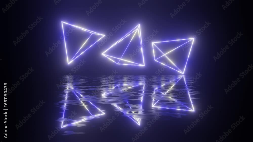 Aufkleber neon pyramids. neon design 4k video with various neon elements and a reflecting floor. looped 3d ren