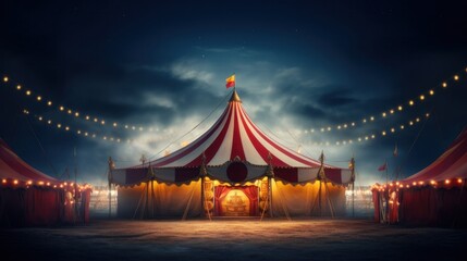 red and yellow circus tent at night with lights - obrazy, fototapety, plakaty