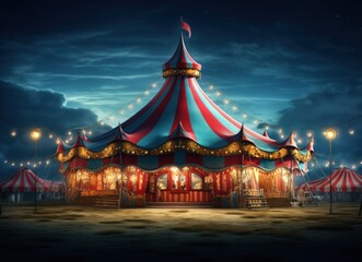 red and yellow circus tent at night with lights - obrazy, fototapety, plakaty