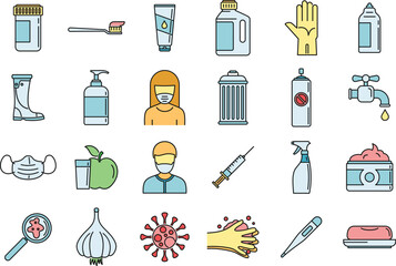 Prevention disease icons set. Outline set of prevention disease vector icons thin line color flat on white