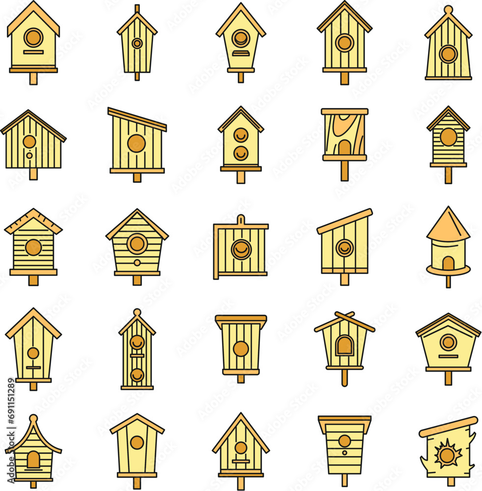 Aufkleber spring bird house icons set. outline set of spring bird house vector icons thin line color flat on w