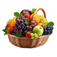 a basket of fruit, bananas, apples, pears, grapes, oranges, and Pineapples in a side view, isolated and transparent PNG in a Fruit basket-themed, photorealistic illustration. Generative ai