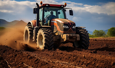 Obraz premium The tractor works the soil in the field with amazing background