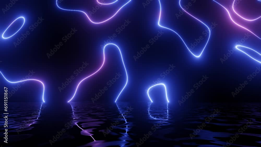 Poster neon design blue purple pattern curved lines. 4k video with various neon elements and a reflecting f