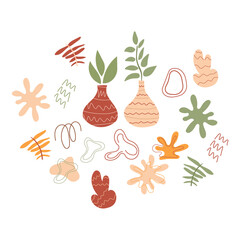 Vector abstract set in Scandinavian style on isolated white background. Warm shades of brown and green. For prints, postcards, textiles.