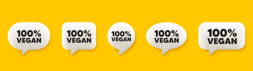 100 percent vegan tag. 3d chat speech bubbles set. Organic bio food sign. Vegetarian product symbol. Vegan food talk speech message. Talk box infographics. Vector