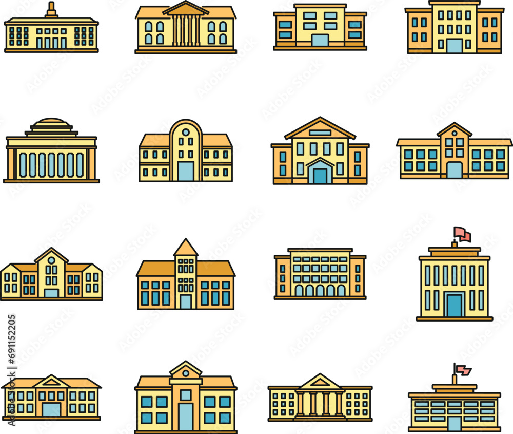 Poster university campus icons set. outline set of university campus vector icons thin line color flat on w