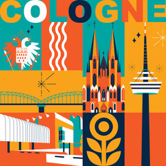 Typography word “Cologne” branding technology concept. Collection of flat vector web icons. Culture travel set, famous architectures, specialties detailed silhouette. German famous landmark