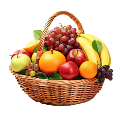 Naklejka na ściany i meble a wicker basket full of various fruits, side view, PNG, ancient fresh fruit, isolated, and transparent photorealistic illustration. Generative ai