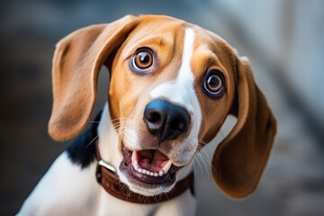 Funny Beagle with surprised eyes and opened mouth, humor meme.	
