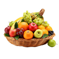 Naklejka na ściany i meble a wicker basket full of various fruits, side view, PNG, ancient fresh fruit, isolated, and transparent photorealistic illustration. Generative ai