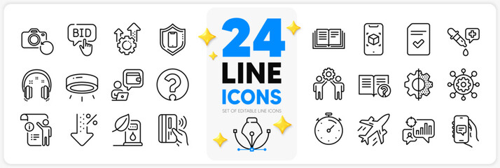 Icons set of Headphones, Education and Manual doc line icons pack for app with Question mark, Led lamp, Recovery photo thin outline icon. Seo gear, Augmented reality, Checked file pictogram. Vector