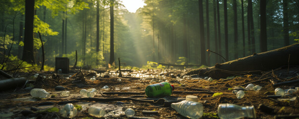 Garbage pile in the forest. Toxic plastic into nature everywhere. Contaminated soil. Environmental pollution. Ecological issue. Throw trash anywhere. Banner - obrazy, fototapety, plakaty