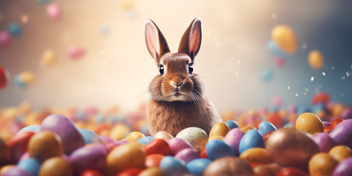 Osterhase sitzt inmitten unz&auml;hliger bunt bemalter Ostereier