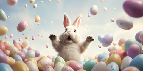 Easter Bunny jumps with excitement, colorful Easter eggs all around him - obrazy, fototapety, plakaty