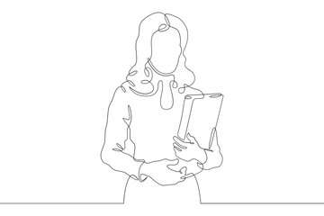 Young woman with documents in the office. Business woman with business papers in her hands. One continuous line drawing. Linear. Hand drawn, white background. One line