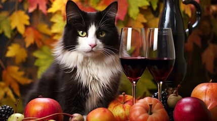 Cat with a wine glass and fall foliage background, autumn harvest season created with Generative Ai