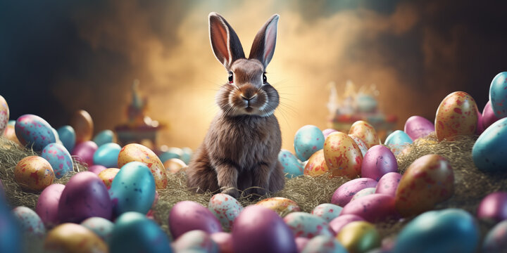 Osterhase sitzt inmitten unz&auml;hliger bunt bemalter Ostereier