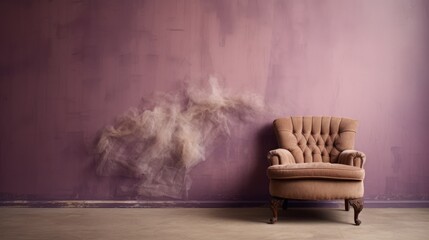  a chair sitting in front of a purple wall with smoke coming out of the back of it and a chair sitting in front of a purple wall with smoke coming out of it. - obrazy, fototapety, plakaty