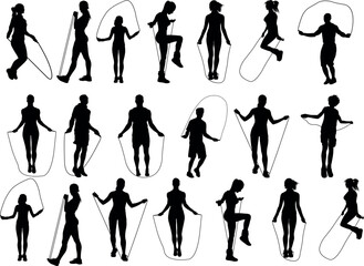 People jumping rope silhouettes. Black silhouettes of jumping rope, black Illustration in various themes. Hand drawn collection.