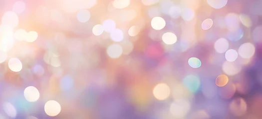 Foto op Plexiglas Abstract blur bokeh banner background. Rainbow colors, pastel purple, blue, gold yellow, white silver, pale pink bokeh background © vejaa