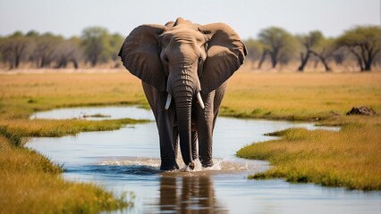 Aerial telephoto shot of an African Elephant wading through the shallow waters of the Okavango Delta in Botswana