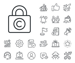 Copywriting sign. Salaryman, gender equality and alert bell outline icons. Copyright locker line icon. Private Information symbol. Copyright locker line sign. Spy or profile placeholder icon. Vector