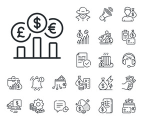 Money exchange sign. Cash money, loan and mortgage outline icons. Currency rates line icon. Stock trade symbol. Currency rate line sign. Credit card, crypto wallet icon. Inflation, job salary. Vector