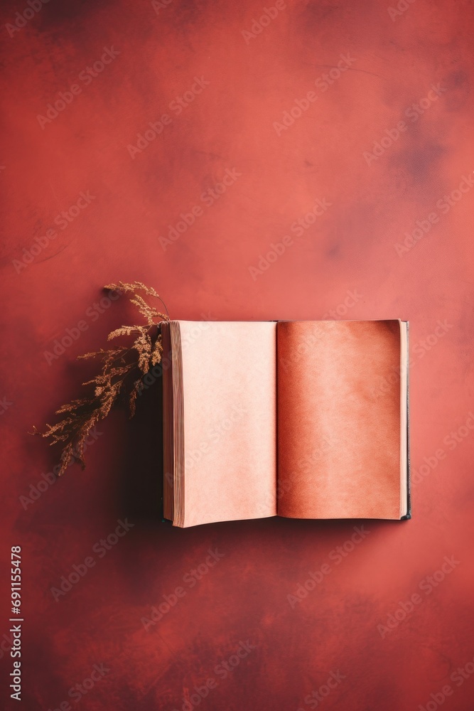 Poster an open book on a red background with some dried grass, ai
