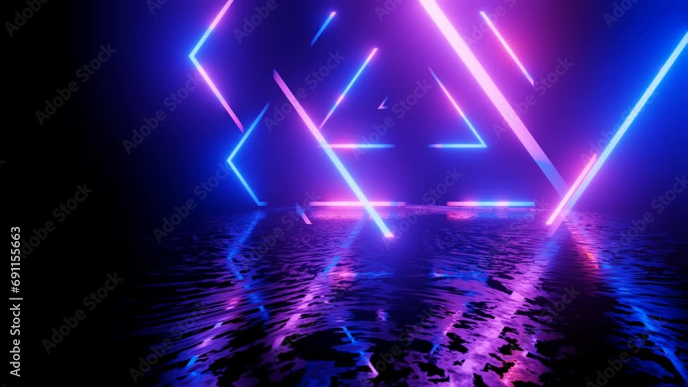 Poster neon design blue purple pattern with lines. 4k video with various neon elements and a reflecting flo