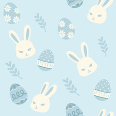 Hand drawn seamless pattern vector illustration of cute easter bunny and egg elements in pastel blue. For wallpaper, texture, background, gift wrap, print, background, textile, card