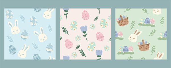 Fototapeta na wymiar Hand drawn seamless pattern vector illustration set collection of cute easter bunny and egg elements in pastel colour. For wallpaper, texture, background, gift wrap, print, background, textile, card