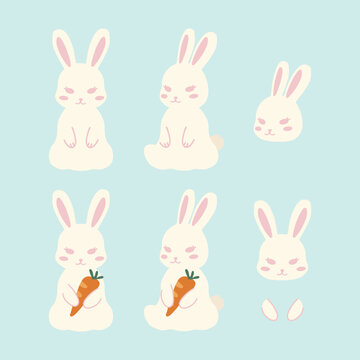 hand drawn vector illustration of a set of easter bunny rabbit design elements in different poses. Cute elements doodle collection in flat style