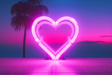Neon glowing heart shaped frame with palm tree. Beach party. Vaporwave background. Sunset sky. Honeymoon, valentines or wedding day. Greeting, invitation or gift card. Love symbol.
