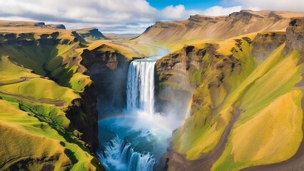 Drone shot of skgafoss waterfall forming beautiful rainbow, Icelandic landscape with Nordic nature. Spectacular Scandinavian cascade flowing down off of cliffs, panoramic view - obrazy, fototapety, plakaty