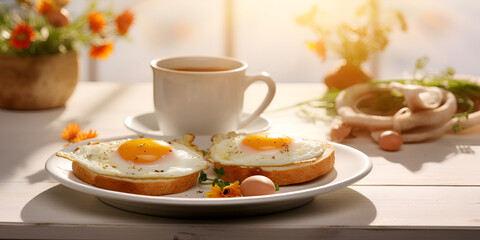 Breakfast toasts with eggs for two and cup with hot drink, white table with decoration 