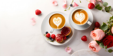 Obraz na płótnie Canvas Top view of two cappuccino cups with heart shaped milk foam, white table with decoration 