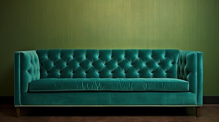  a green couch against a green wall in a room with a wooden floor and a wooden floor in front of the couch is a green wall with a gold trim.