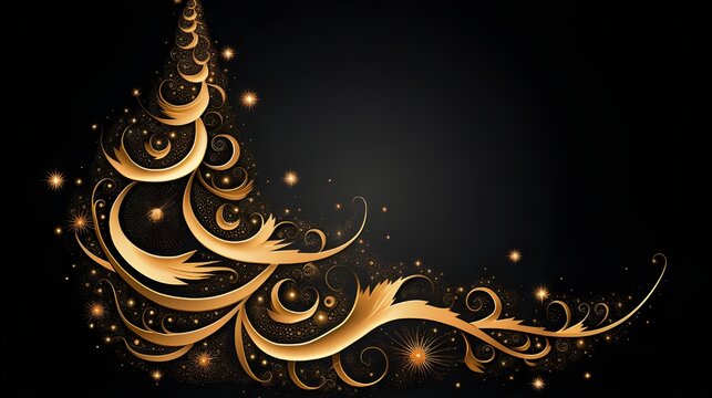 Christmas luxury abstract background - Golden Christmas tree ornament with sparkls at the black background.