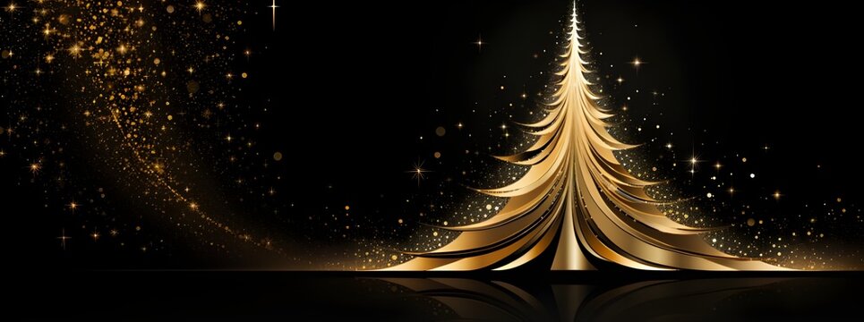 Christmas abstract background banner- Golden Christmas tree with sparkls at the black background.
