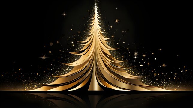 Christmas abstract background - Golden Christmas tree with sparkls and bokeh at the black background.