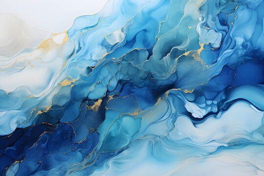Blue and white and gold abstract painting in marble texture. The marble surface creates a feeling of movement and energy. Some may see it as a reflection of a certain mood such as elegance or sadness.