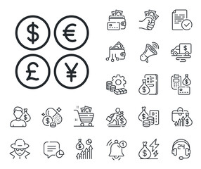 Cash exchange sign. Cash money, loan and mortgage outline icons. Money currency line icon. Stock trade symbol. Money currency line sign. Credit card, crypto wallet icon. Inflation, job salary. Vector
