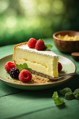 Cheese cake on wooden table in green background