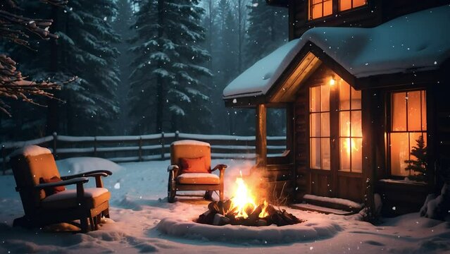 Mysterious cabin in the woods. Snow falling and campfire glowing at nighttime. Cozy, meditation rest, deep sleep relax concentration study atmosphere.