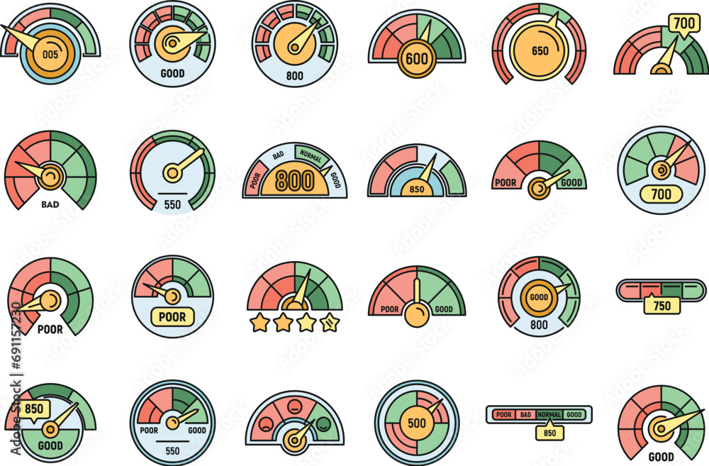 Poster credit score level icons set. outline set of credit score level vector icons thin line color flat on